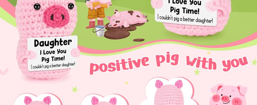 Funny Positive Pig Gifts for Daughter Birthday Christmas, Handmade Crochet Emotional Inspirational Pink Pig for Daughter Teens Adult, Daughter Gifts for Birthday Graduation Christmas Cute Decor