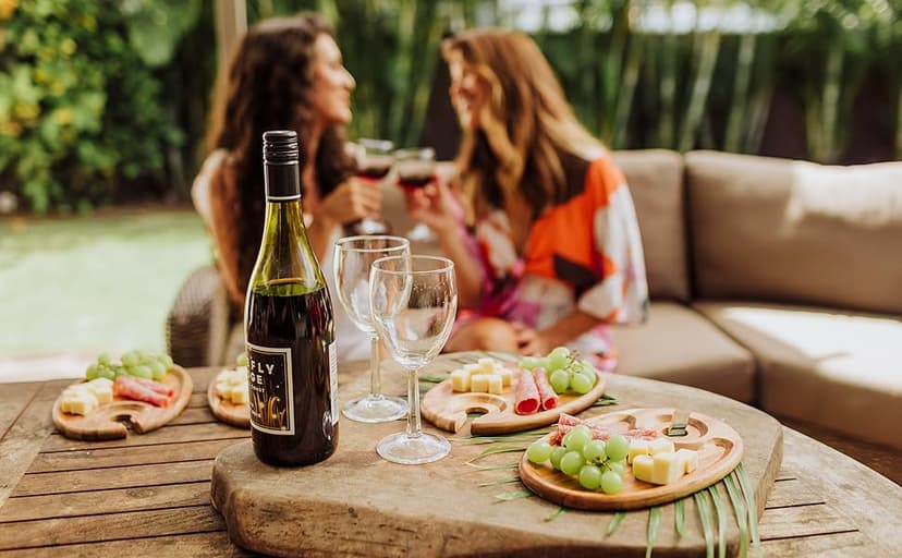 PICNIC TIME Wine Appetizer Plates, Set of 4 Wooden Cocktail Plates with Glass Holder, Mini Charcuterie Boards for Wine and Cheese Parties, Acacia Cheese Board Serving Trays (Oval - Acacia Wood)