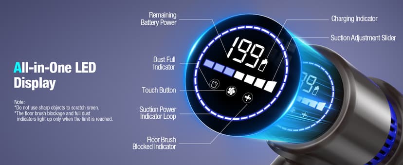 Cordless Vacuum Cleaner, 550W 45KPA 50Min Vacuum Cleaners for Home, Self-Standing Stick Vacuum with Touch Screen, 3 Power Modes, Rechargeable Battery, Handheld Vacuum for Pet Hair Carpet Floor