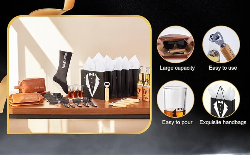 60Pcs Groomsmen Gifts Groomsmen Proposal Box with Shot Glasses Socks Sunglasses PU Leather Toiletry Bag Bottle Opener Can Cooler Groomsman Gifts for Wedding Groomsmen Best Man Gift (60, Brown)