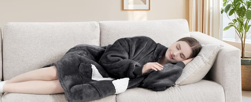 Touchat Wearable Blanket Hoodie, Oversized Sherpa Fleece Sweatshirt Blanket with Giant Hood Pocket and Sleeves for Adult, Warm & Cozy Grey Blanket Gifts for Women