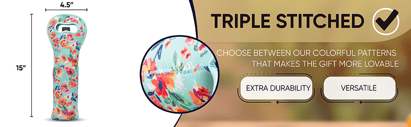 Made Easy Kit Insulated Wine Tote - Neoprene Wine Carrier Bag with Magnetic Handle Clasp - Wine Bottle Protective Travel Bag - Perfect for Gifting Travel or Gift Bag - Set of 3 (Floral Patterns)