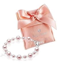 Baby Crystals Pearl Bracelets for Girls, Sterling Silver Cross Charm, Baptism Gifts for Girl, Baby Bracelet with Simulated White Pearls and Crystals, Girls Jewelry Birthday Gift