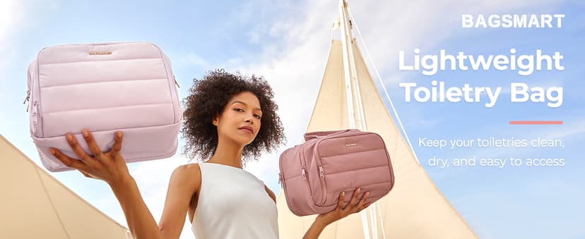 BAGSMART Travel Toiletry Bag, Lightweight Large Wide-open Travel Bag for Women, Puffy Cosmetic Makeup Bag Organizer with Handle for Accessories,Essentials, Toiletries, Dark Pink