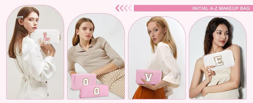 Small Personalized Initial A-Z Preppy Patch Makeup Bag,White PU Chenille Letter Travel Cosmetic Pouch with Zipper,Cute Toiletry Bag,Gift Ideal for Teen Girls Women Teacher Bridesmaid,Letter E