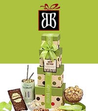 Broadway Basketeers Birthday Gift Basket Tower – Snack Boxes with Gourmet Cookies, Chocolates & Popcorn – Happy Birthday Gifts for Women, Mom, Sister, Friends & Coworkers