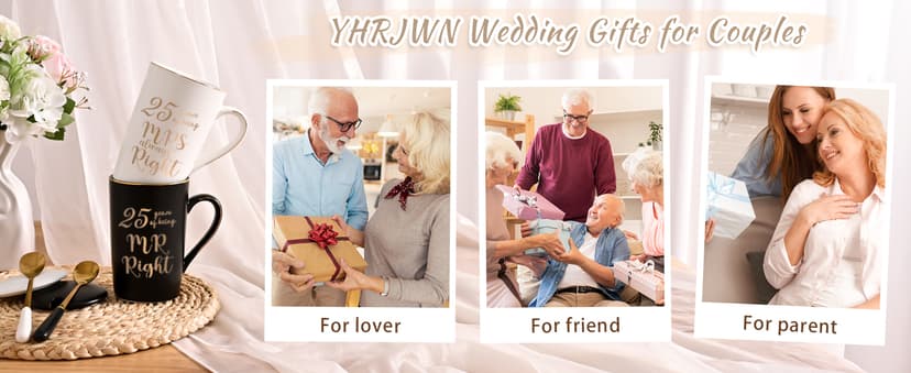 YHRJWN 25th Anniversary Presents, 25th Wedding Anniversary Presents for Couple Parents, 25th Mr Right Mrs Always Right Coffee Mugs, His and Hers Gifts, 14 Oz with Lids, Spoons and Gift Box