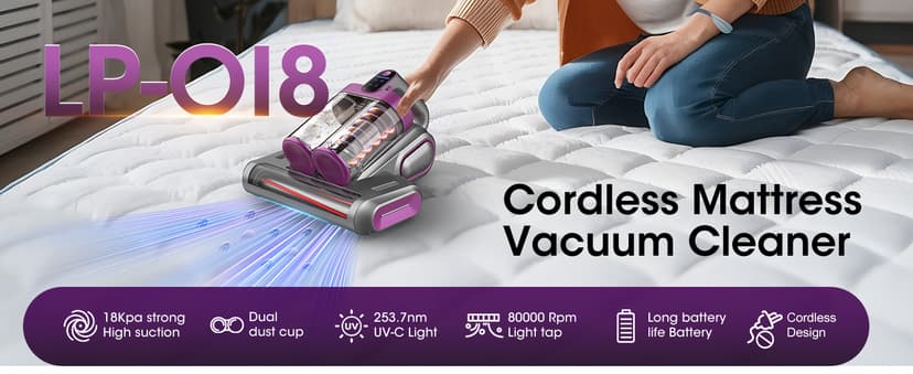 Bed Mattress Vacuum Cleaner Cordless 16Kpa Handheld Vacuum, Vacuum Cleaner with 253.7nm UV-C Light,HEPA Filter & Ultrasonic, Portable Vacuums for Sofa Bed Couch Crib Gifts for Women her Man