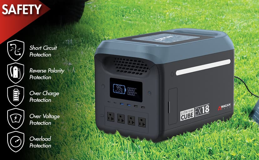 Wagan EL8840 Portable Power Station EX18 Lithium Cube Solar Generator 1229Wh LiFePO4 Battery Fast Charge 1800W 3000W peak AC 100W USB-C for Home Backup, Power Outages, Outdoor Camping, Off-grid