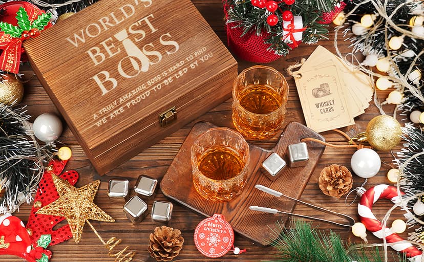 Oaksea Boss Day Gifts for Men Him Christmas, Anniversary Unique Gifts for Him, Birthday Retirement Gift for Boss Men, Stainless Steel Engraved Whiskey Stones Glasses Cool Burbon Scotch Set Gift