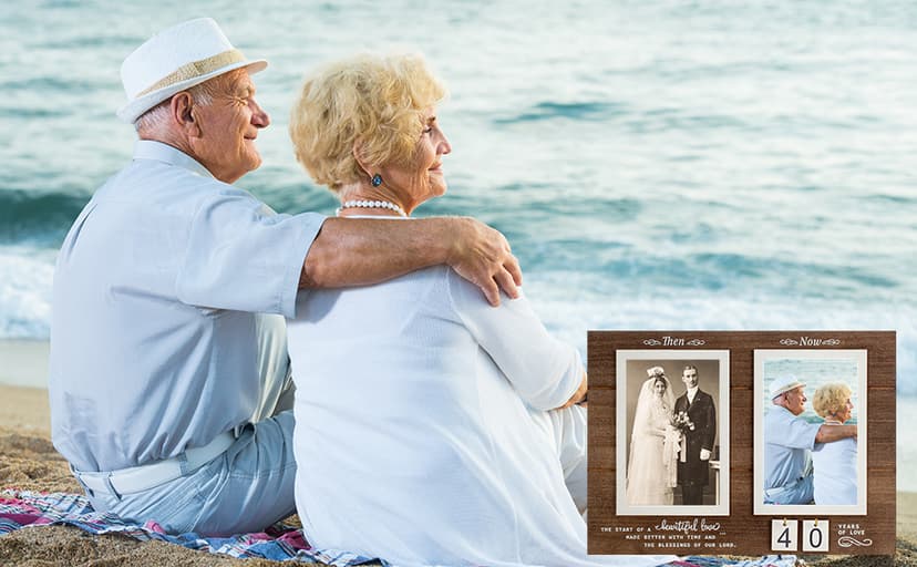 Then & Now Anniversary Picture Frame, 1-99 Years Wedding Gift Ideas - Anniversary Wood Photo Frame, Engagement Bridal Shower Gifts with Sentimental Quote - Holds 2 4x6 Inches Photos (Then & Now)