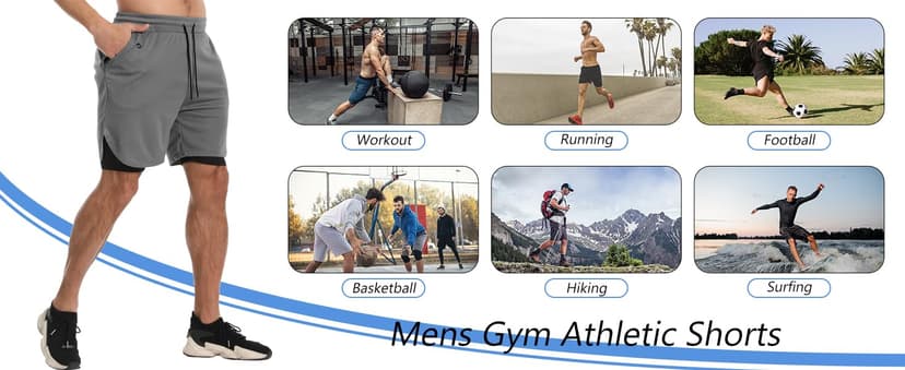 JWJ Mens 2 in 1 Running Shorts Quick Dry Gym Athletic Workout Clothes with Side Pockets