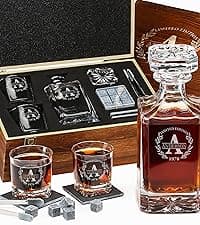 Personalized Whiskey Decanter and Stones Set - Customized Gift for Him - Men, Dad, Father - Engraved Twisted Decanter,2 Twisted Glasses, 2 XL Chilling Balls, Coasters, Tongs in Wooden Gift Box