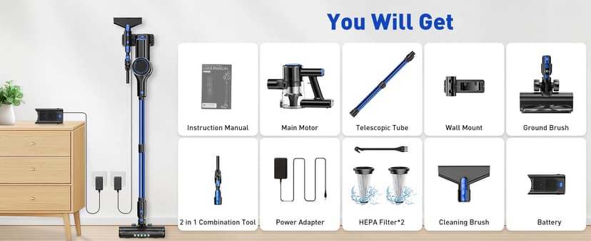 Cordless Vacuum Cleaner, 45KPA 8 in 1 Lightweight Vacuum Cleaners for Home, 50Mins Anti-Tangle Stick Vacuum, LED Display, Rechargeable Vacuum for Pet Hair/Carpet/Floor (Blue)