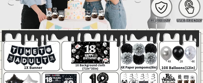 Birthday Party Supplies, Black Birthdays Decorations (18th)