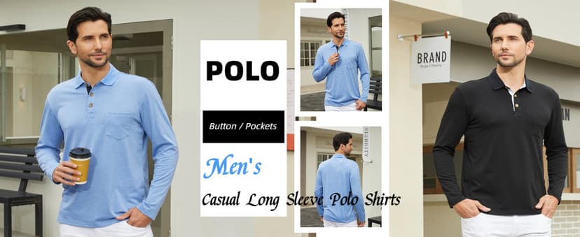 Qekoma Men's Casual Polo Shirts Classic Button Basic Long Sleeve Shirt Solid Color Cotton Tees Stylish Tops