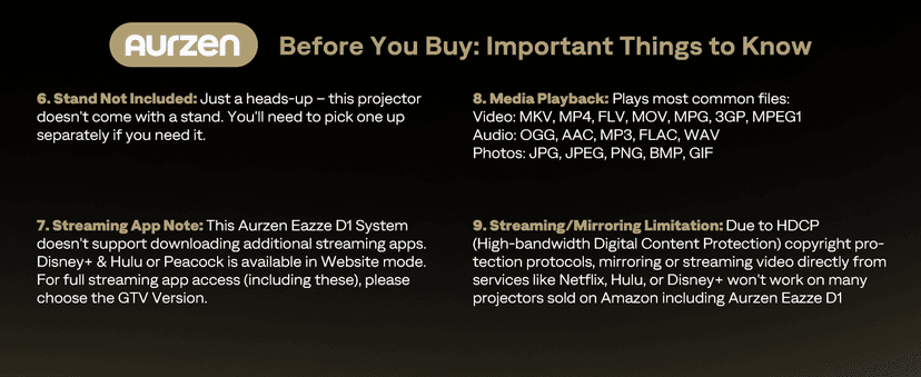 Aurzen EAZZE D1 Smart Projector with WiFi and Bluetooth, Netflix-Officially-Licensed, Auto Focus & Keystone, DoIby Audio, Zoom, Native 1080P Movie, Portable Outdoor Mini Projector, White