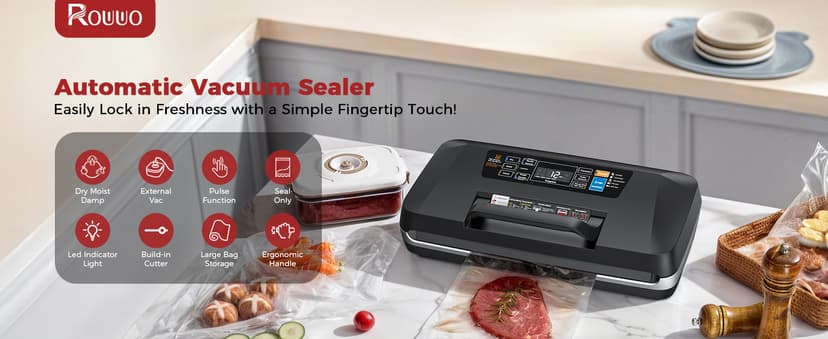 95kpa Vacuum Sealer, Commercial Fully Automatic Food Sealer, Powerful Sealing System, Double Heat Seal, Built-in Cutter and Bag Storage, 1 Roll Bag and 10 Precut Bags