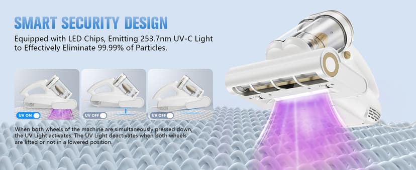 Bed Vacuum Cleaner Mattress Vacuum Cleaner,16Kpa Powerful Handheld Vacuums with UV-C Light & Double Dust Cup & High Heating & Ultrasonic & Anion for Bed Sofa