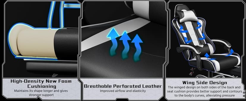 Yaheetech Gaming Chair, Video Game Chair with Massage Lumbar Support and Footrest Height Adjustable Ergonomic Computer Gaming Chair with Swivel Seat and Headrest, Black/White