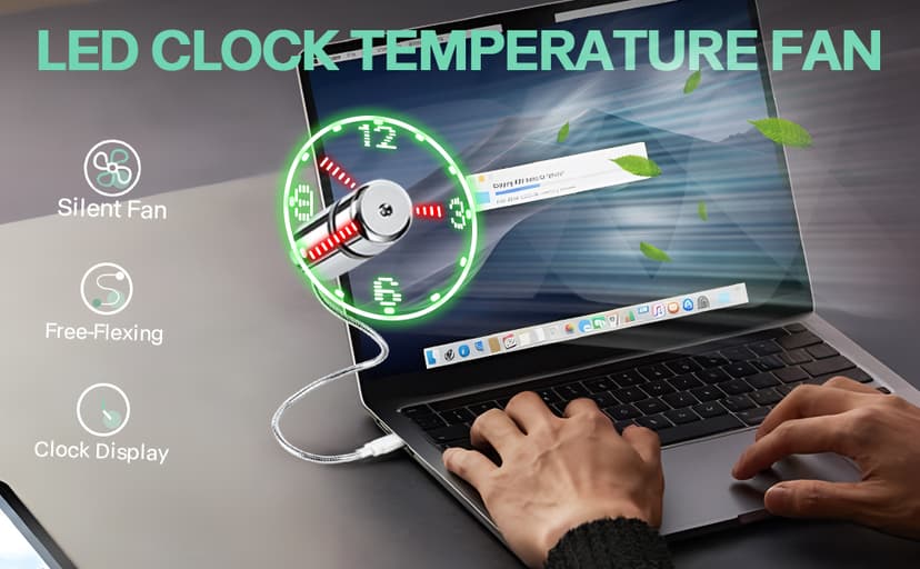 ONXE LED USB Clock Fan with Real Time Display Function,Stocking Stuffers for Men Christmas Gadgets,Father's Day Gifts,1 Year Warranty