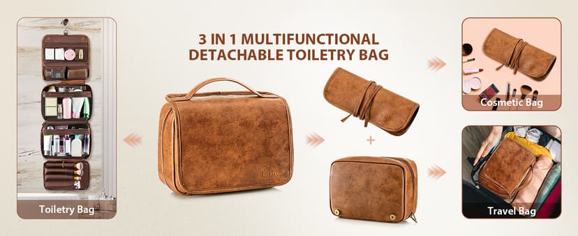 Elviros Hanging Toiletry Bag for Men Travel Essentials 3-in-1 Large Waterproof Dopp Kit PU Leather Shaving Bag with Separate Compartments for Grooming and Toiletries Mens Gift
