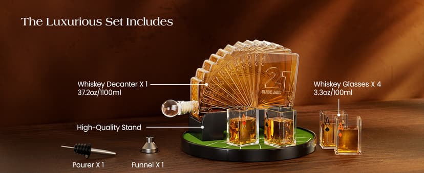 Kollea Blackjack Whiskey Decanter Set, 37.2 Oz Casino Style Decanter with 4 Glasses, Liquor Dispenser, Funny Birthday Gifts for Men Dad, Him, Boyfriend, Poker Game Night Essentials, Bar, Party Decor