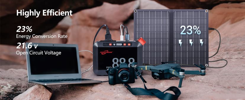 POWSTREAM 24000mAh Solar Generator with AC Outlet 120W Peak, 88.8Wh Portable Power Station with Panels 21W Included and Camping Lantern 248LM, Solar Powered Power Bank for Outdoor Camping Home Backup