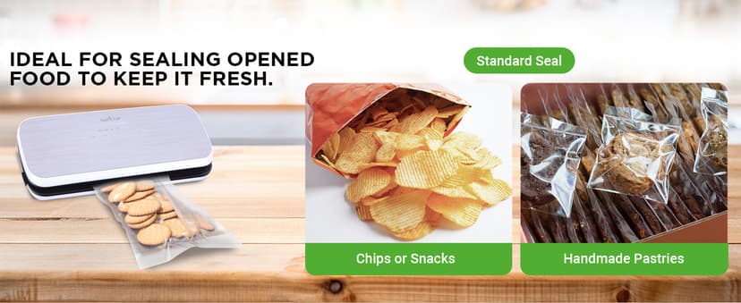 NutriChef Food Vacuum Sealer Machine - Automatic Air Sealing System for Dry & Moist Foods, LED Touch Controls, Includes Vacuum Bags, Hose & Wine Stopper, High Suction Power, 14"x6"x3", Silver