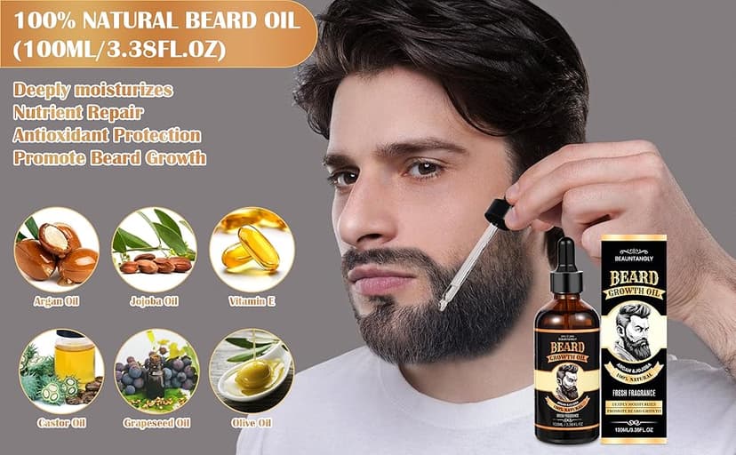 Beard Growth Kit, Grooming Set w/Growth Oil, Conditioner, Balm, Shampoo Wash, 0.25MM Roller, Brush, Comb, Scissor, Bag, Christmas Birthday Valentines Day Gifts for Him Men