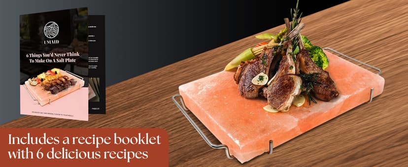 UMAID Himalayan Salt Block For Grilling, Cooking, Cutting and Serving,12X8X1.5 Food Grade Himalayan Pink Salt Stone on Stainless Steel Plate & Recipe Booklet, Unique Gifts for Men, Women, Chef, Cooks