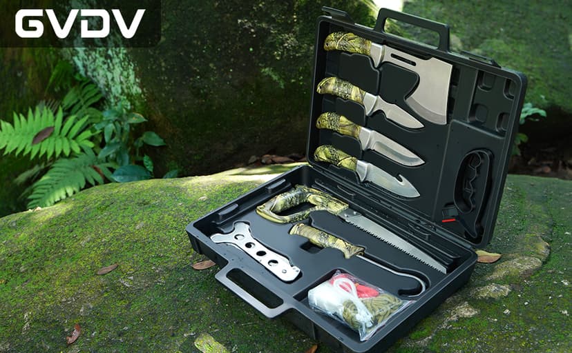 GVDV Hunting Knife Set - 14 Pieces, Portable Butcher Game Processing Kit for Men, Field Dressing Kit with Gut Hook Skinner Knife, Caping knife, Axe, Wood/Bone Saw, Spreader, Gloves, Gifts for Men
