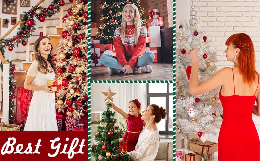 Handmade Christmas Tree Dangle Hoop Earrings Golden Silver Two Tone Women Holiday Gift, Thanksgiving Themed Earrings, Christmas Party Gift