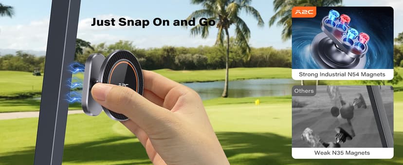 A2C Alloy Magnetic Golf Cart Phone Holder Compatible with MagSafe iPhone 16 Pro Max Plus 15 14 13 12 Mini Fits EZGO, Club Car, Yamaha, Icon, Golf Cart Accessories Essentials Gift for Friend Men Women
