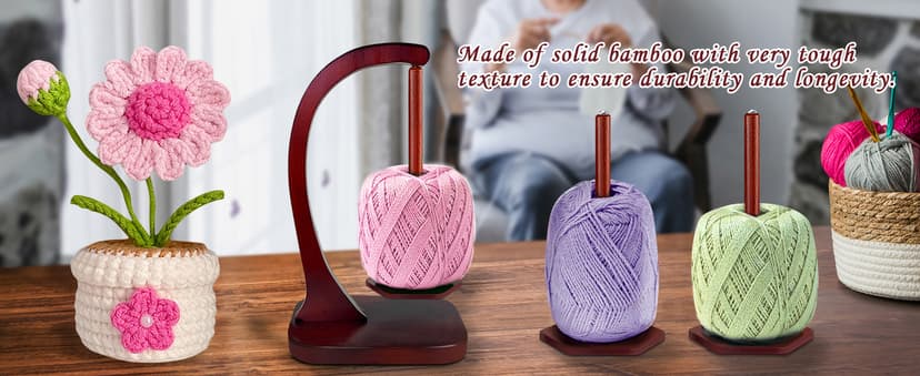 JUCPASH Yarn Holder for Crocheting and Knitting, Wooden Yarn Spinner with Magnetic Rotating Mechanism and Anti-Slip Pads, Crochet Gift for Knitting Lovers - Brown