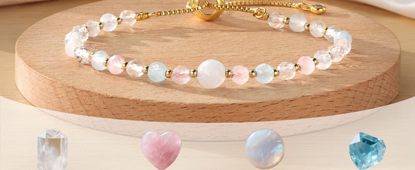 HGDEER Natural Crystal Bracelet 13th 16th Birthday Gifts for Girls - Rose Quartz Moonstone Aquamarine Healing Stones Jewelry with Meaning Card for Daughter Granddaughter