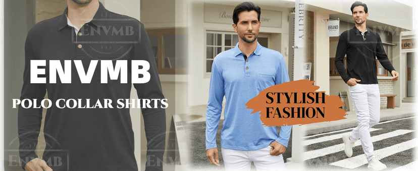 Envmb Men's Casual Long Sleeve Polo Shirts Button Classic Cotton Shirt Work Collared Stylish Golf Shirt with Pocket