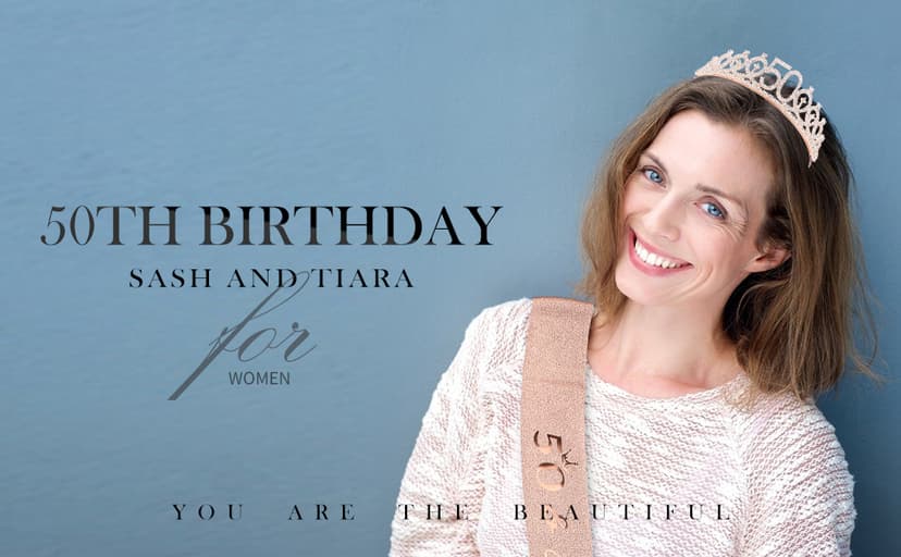 CIEHER 50th Birthday Crown + 50 & Fabulous Sash+Pearl Pin Set, Tiara, 50th Gifts, Decorationsfor Women Friends, Happy Party Favor Supplies