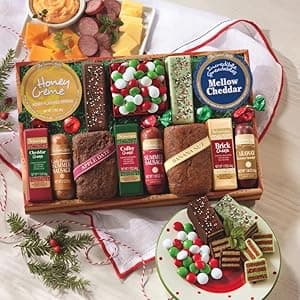 The Swiss Colony Lucky 13 Feast – Holiday Food Gift with Summer Sausages, Cheese Bars, Breads, Mini Tortes & Candies – Gift Basket for Adults, Women, Men – Candy Gift, Meats and Cheeses