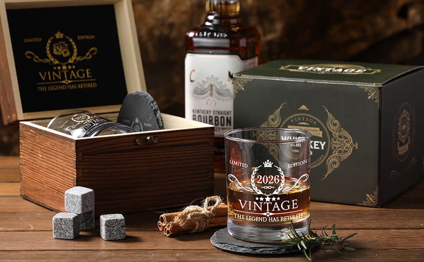 Retirement Gifts for Men Whiskey Glass Set - The Legend Has Retired 2025 - Retirement Party Decorations, Supplies - Gifts Ideas for Him, Dad, Husband, Friends - Wood Box & Whiskey Stones & Coaster