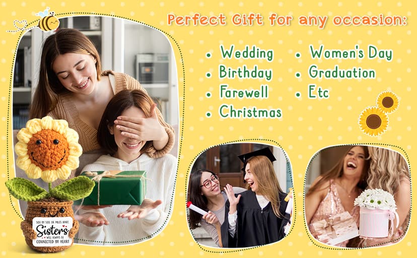 Sister Gifts from Sister - Positive Sunflower Crochet - Side by Side Or Miles Apart Sisters Emotional Sunflower Support Crochet - Birthday, Graduation, Long Distance Gifts for Women, Soul Sisters