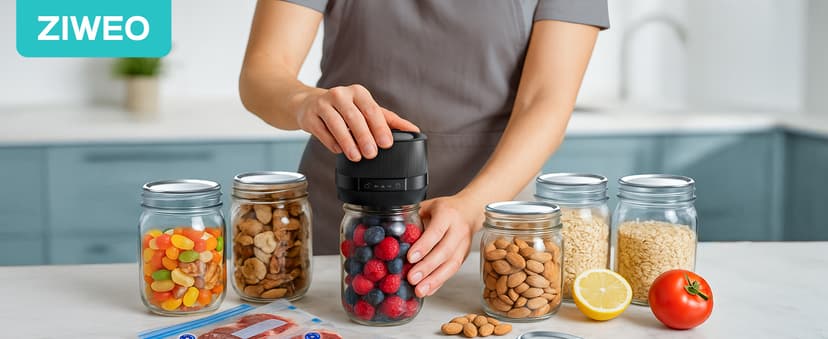 ZIWEO Mason Jar Vacuum Sealer Kit for Wide Mouth and Regular Mouth Mason Jars, Electric Vacuum Sealer with Suction Nozzle, 10 Lids and 1 Vacuum Bag, Compact and Auto Stop Design