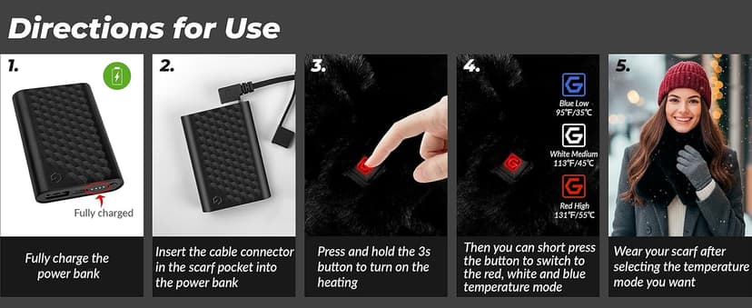 Genovega Women Men Heated Scarf with 6000mAh Battery,Portable Power Bank for Long Lasting Graphene Heating,Winter Warm Gifts