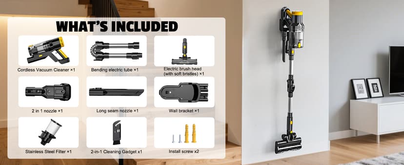 LIVOWALNY Cordless Vacuum Cleaner Compatible with DeWalt 20V Battery, 350W Brushless 40kPa Suction, 0.8L Dual Dust Cup, LED Floor Brush & 180° Flex Wand for Hardwood & Carpet (Battery Not Included)