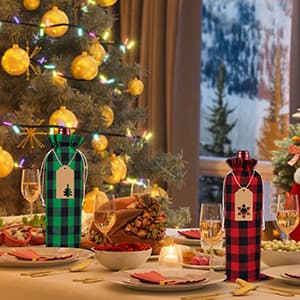 DULEFUN 12pcs Christmas Wine Burlap Bags, Xmas Wine's Bags Classic Buffalo Plaid Wine Bottle Bags Reusable Burlap Xmas wine Bottle Covers Clothes for Christmas New Year Wedding Holiday Parties