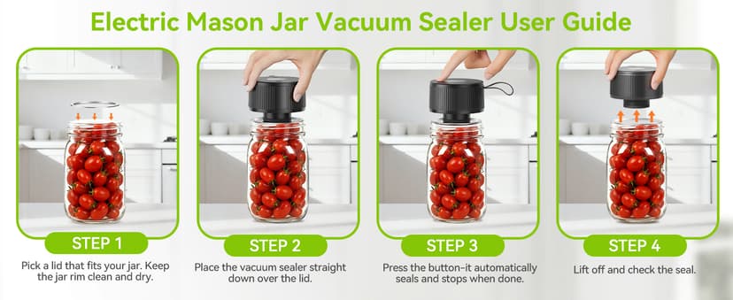 Upgraded 3-in-1 Electric Mason Jar Vacuum Sealer Kit for Mason Jars, Food Savers & Containers | Food Preservation System for Kitchen | Ideal for Canning Jams, Pickles, Dry Foods, Grains & Leftovers