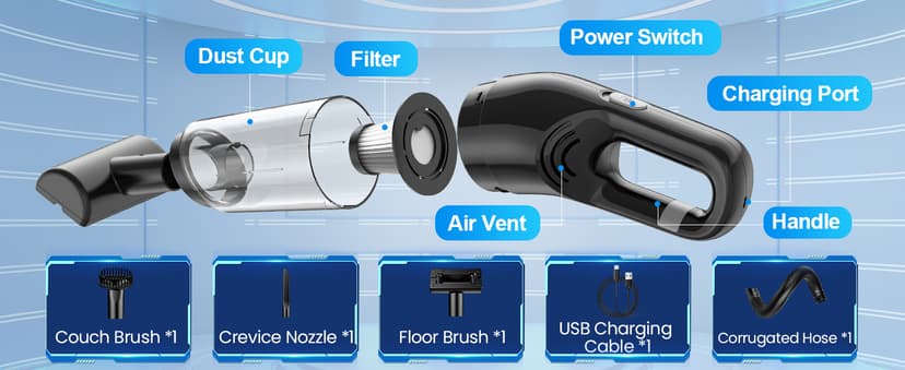 Handheld Vacuum Cordless, 26,000 Pa High Power Suction, Portable Rechargeable Car Vacuum Cleaner for Home, Pet Hair, Keyboard & Furniture, Black