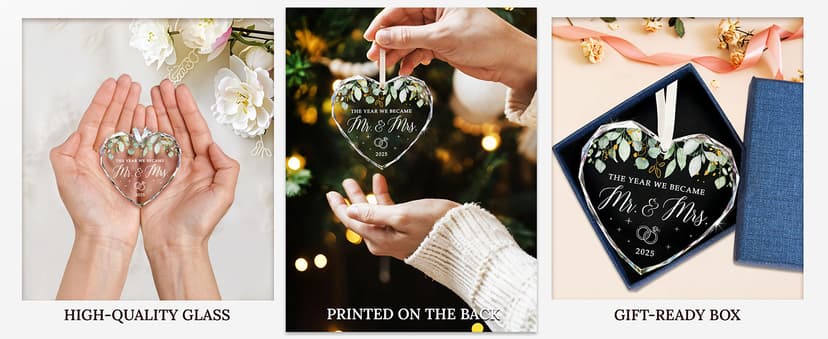 HEXMOZ Wedding Gifts for Couples 2025 - Mr and Mrs Gifts - Bridal Shower Gift, Wedding Ideas for Newly Wed, Bride, Future Mr Mrs - Just Married Glass Ornament 2025, 1st Married Couple Christmas Decor