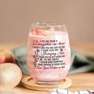 Futtumy Funny Daughter in Law Gifts, To My Dear Daughter-in-laws Stemless Wine Glass for Son's Wife, Mothers Day Birthday Christmas Gifts from Mother-In-Laws, 17 oz
