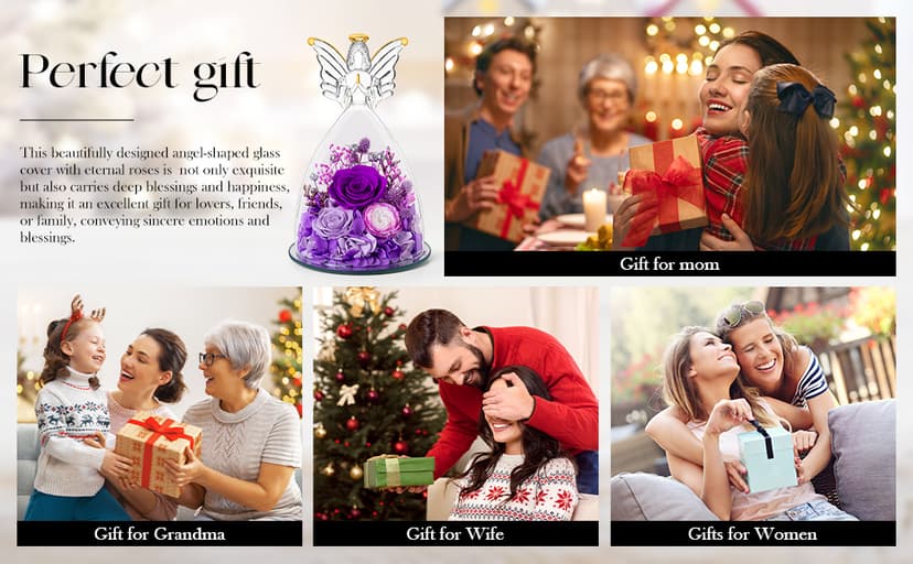 RoseValley Angel Roses Gifts for Mom,Preserved Real Flowers Roses in Glass Angel Figurines,Christmas Birthday Gifts for Grandma Women Mom Wife Mother in Law/Purple